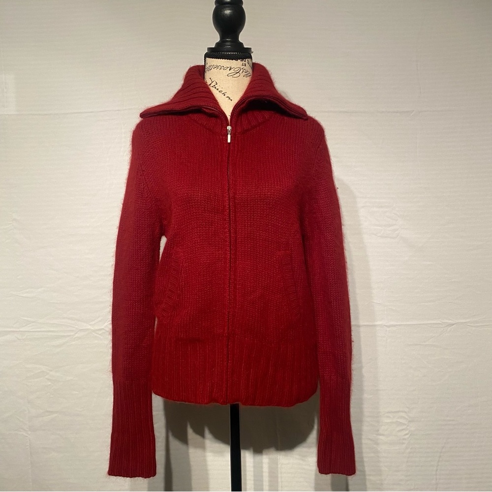 Roots red angora wool zip cardigan